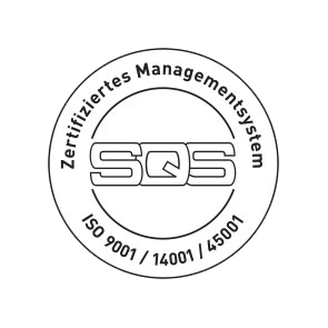 Logo SQS Qualitätsmanagement_ISO 9001, ISO 14001, ISO 45001, bei Trisa Gruppe, freigestellt.